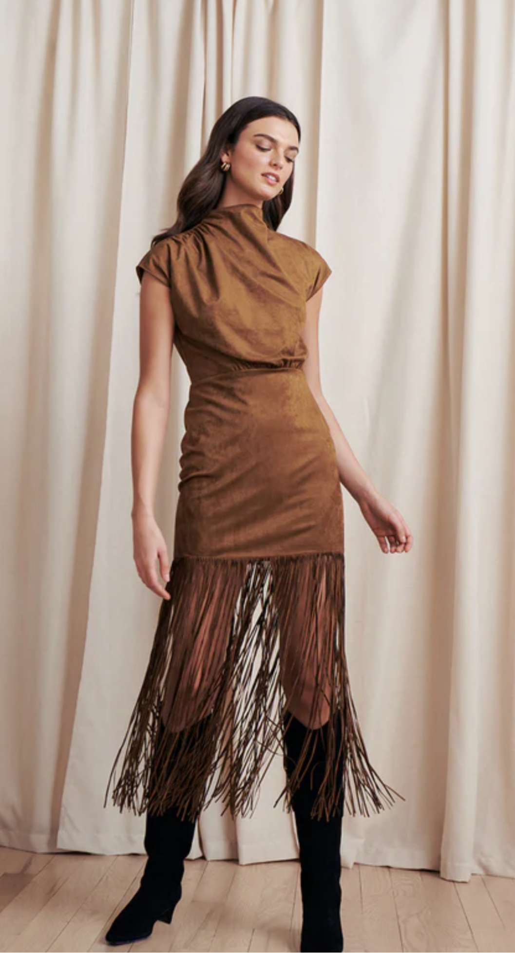 Astelle Faux Suede Midi Dress in Taupe