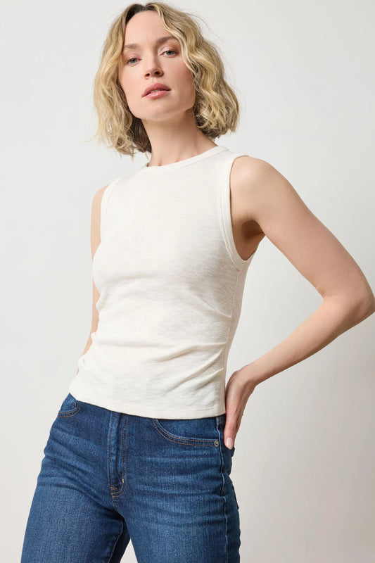 Rib Slub Side Pleat Tank in Talc