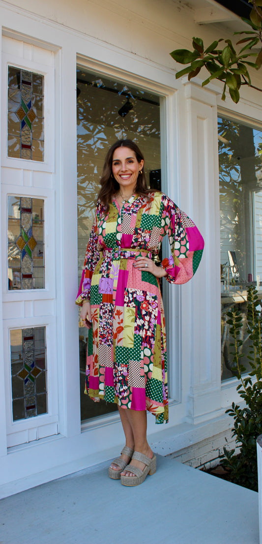 Patchwork Print Belted Midi Dress in Magenta Green