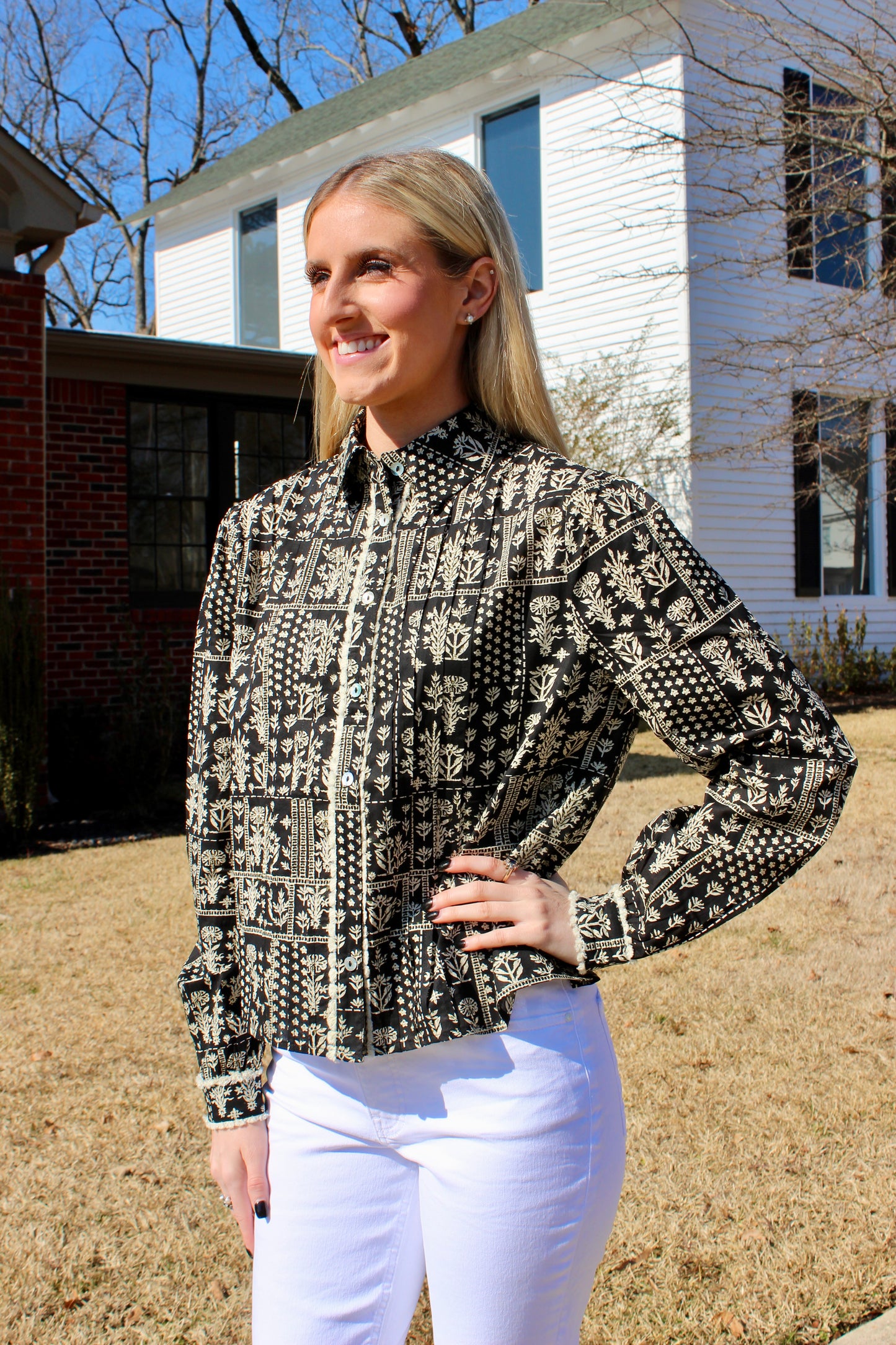 Print Button Down Shirt in Black