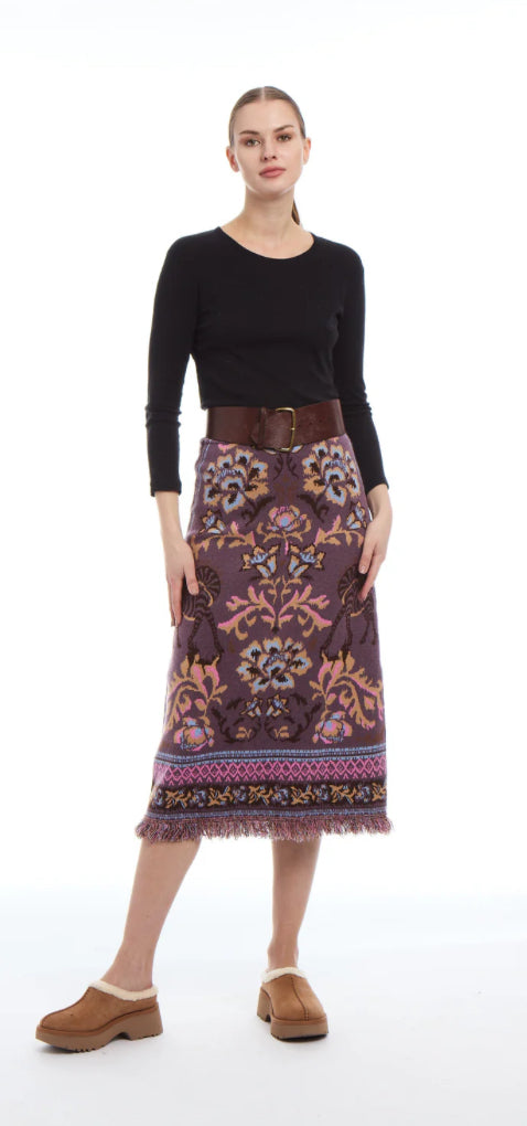 Camille Knit Fringe Skirt in Mocha Jacquard