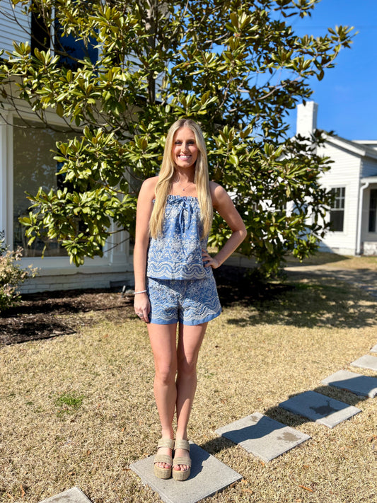 Eyelet Embroidered Spaghetti Straps Tank Top in Blue