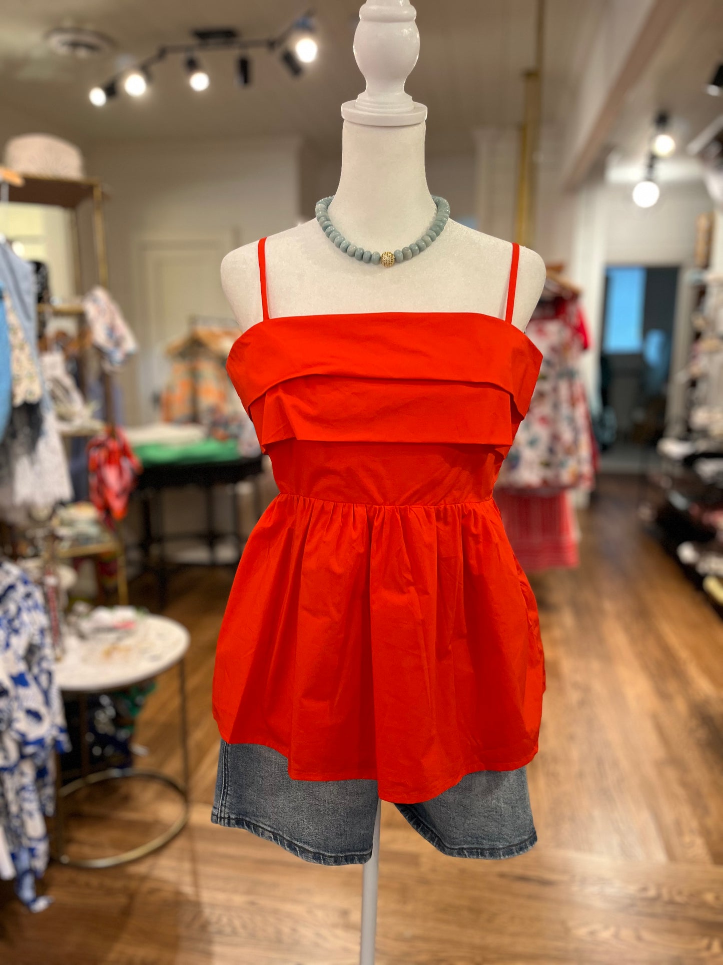 Mindy Pleated Baby Doll Camisole Top in Poppy