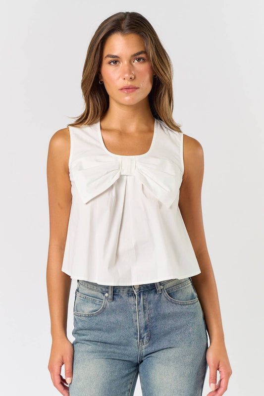 Sleeveless Top W/Bow Front in White
