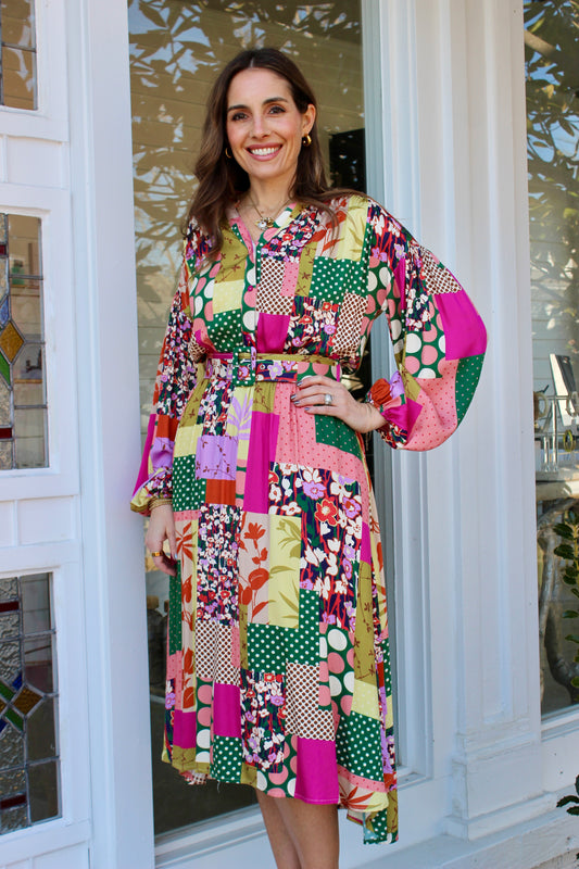 Patchwork Print Belted Midi Dress in Magenta Green