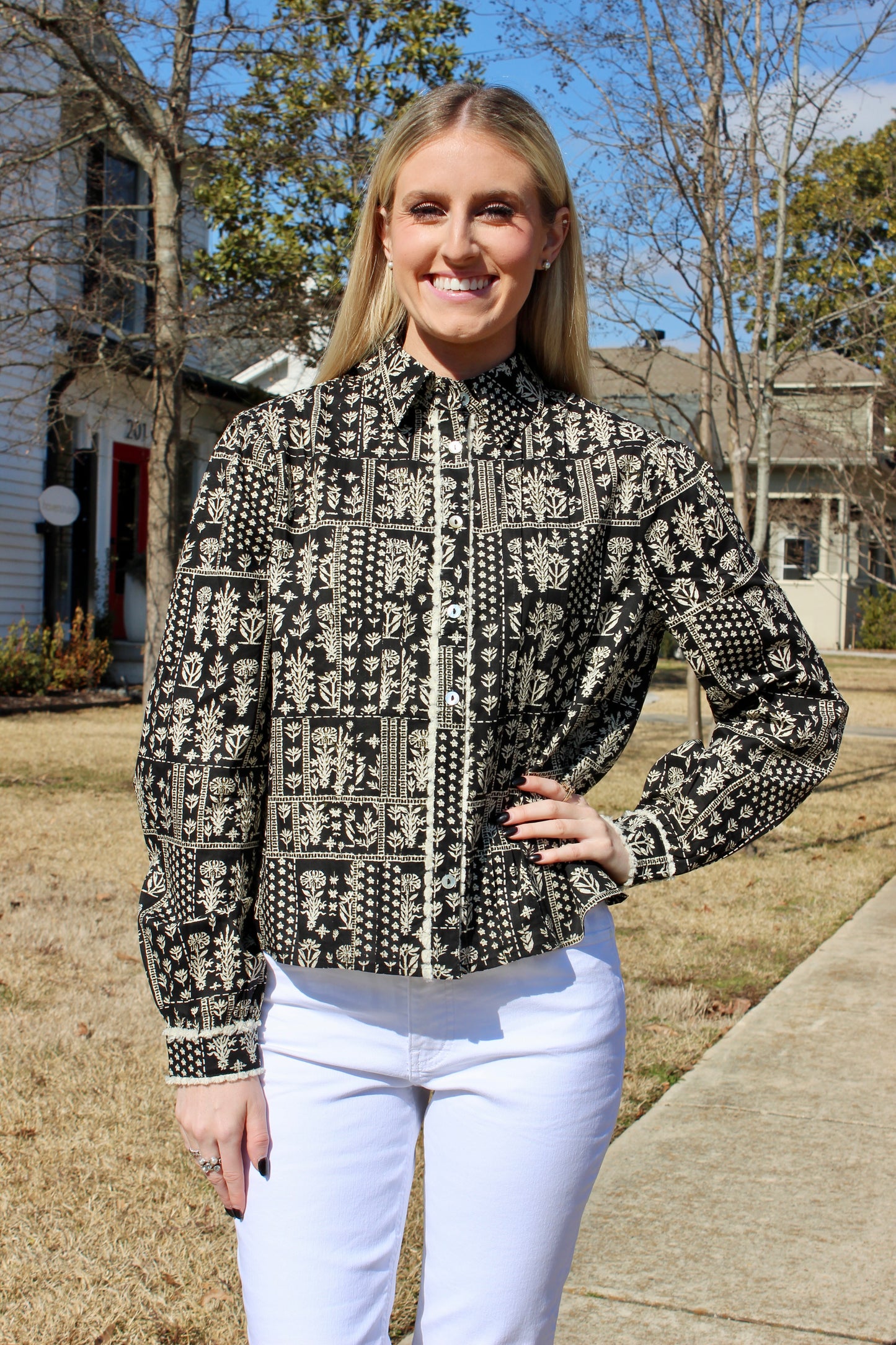 Print Button Down Shirt in Black