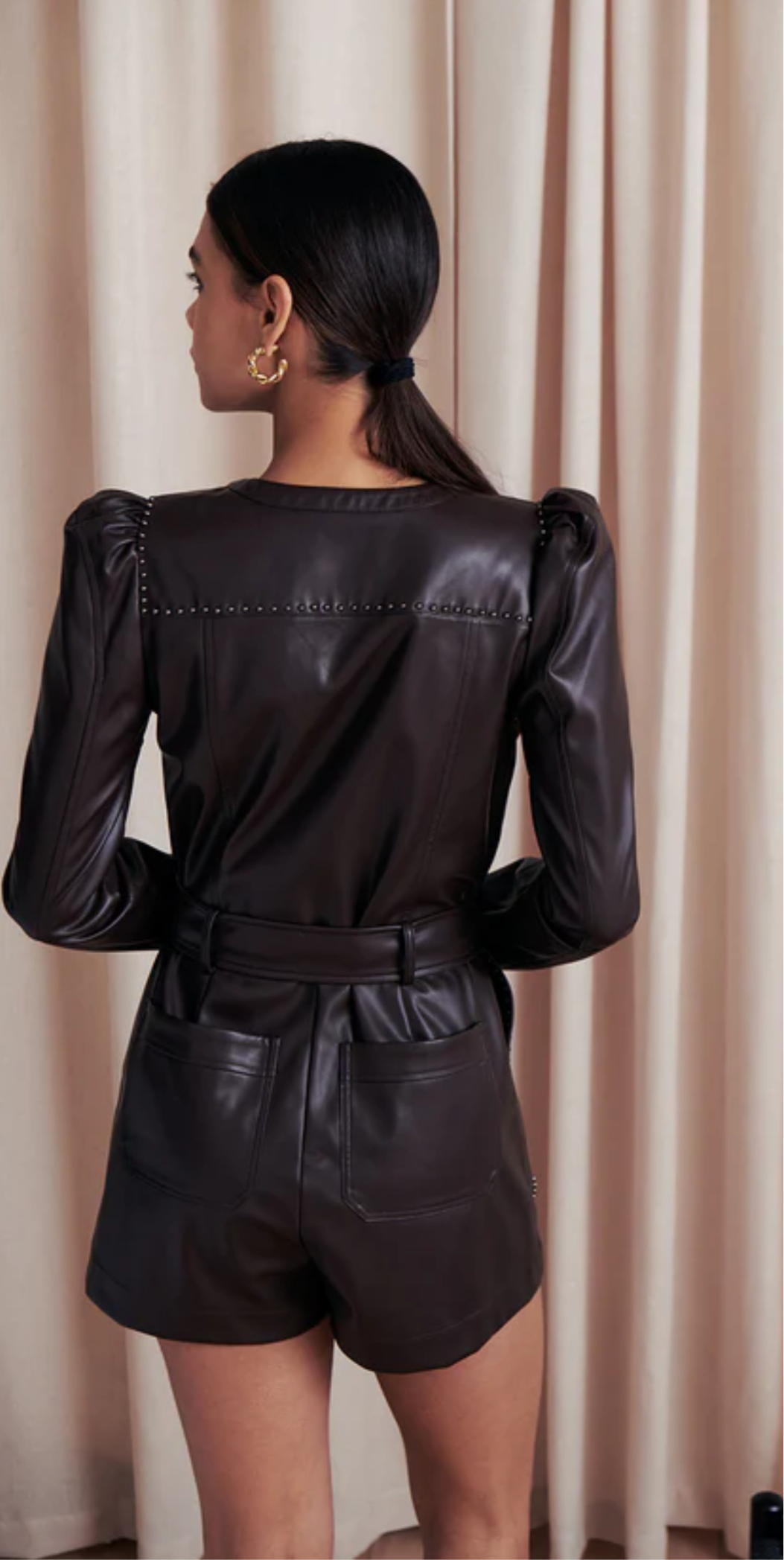Lora Faux Leather Romper in Chocolate