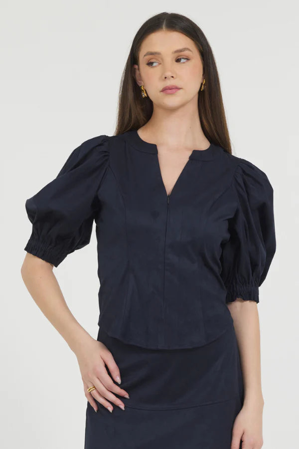 Vegan Suede Puff Sleeve Top in Midnight