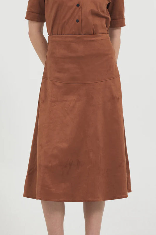 Vegan Suede Midi Skirt in Cognac