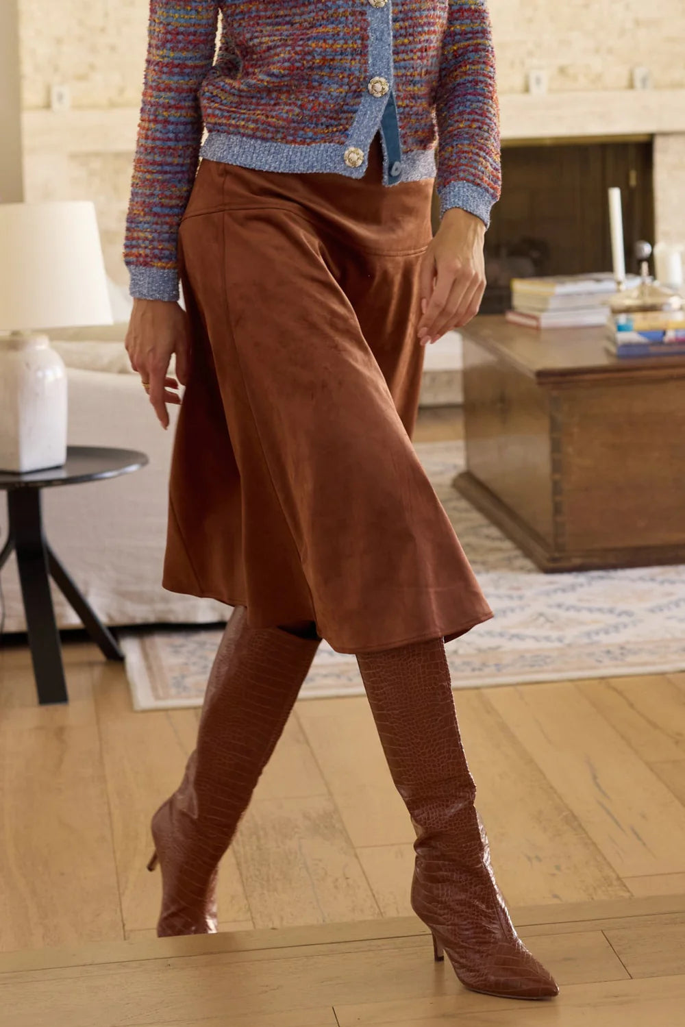 Vegan Suede Midi Skirt in Cognac