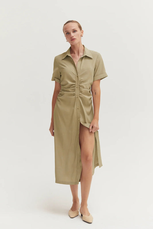 Edith Button Up Shirt Dress in Taupe