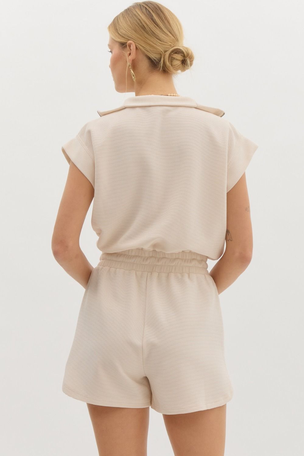 Ribbed Cap Sleeve Romper in Ecru