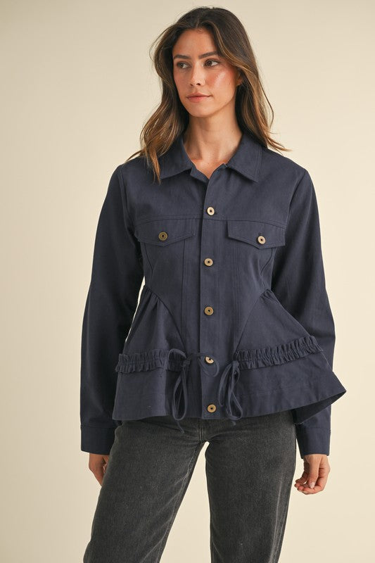 Ruffle Detailed Voluminous Peplum Jacket in Navy