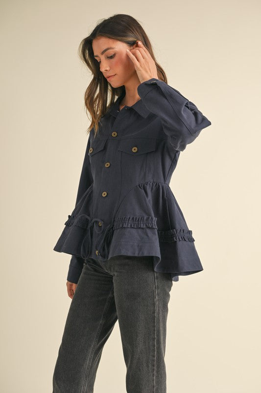 Ruffle Detailed Voluminous Peplum Jacket in Navy