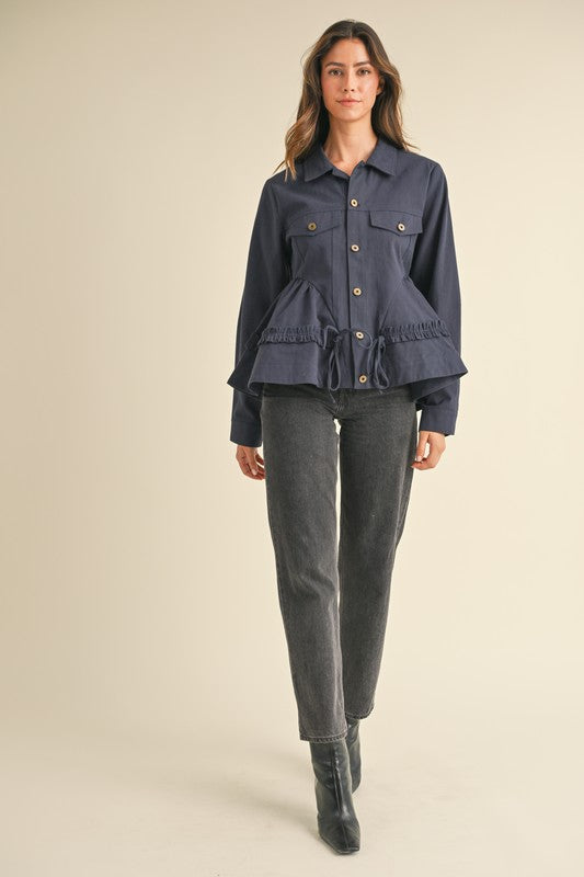 Ruffle Detailed Voluminous Peplum Jacket in Navy