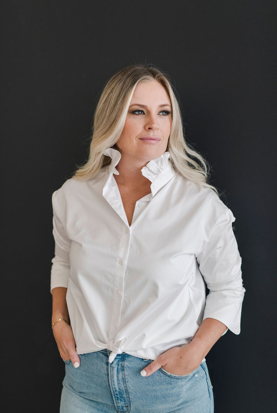 Ruffle Collar Button Down Shirt in White