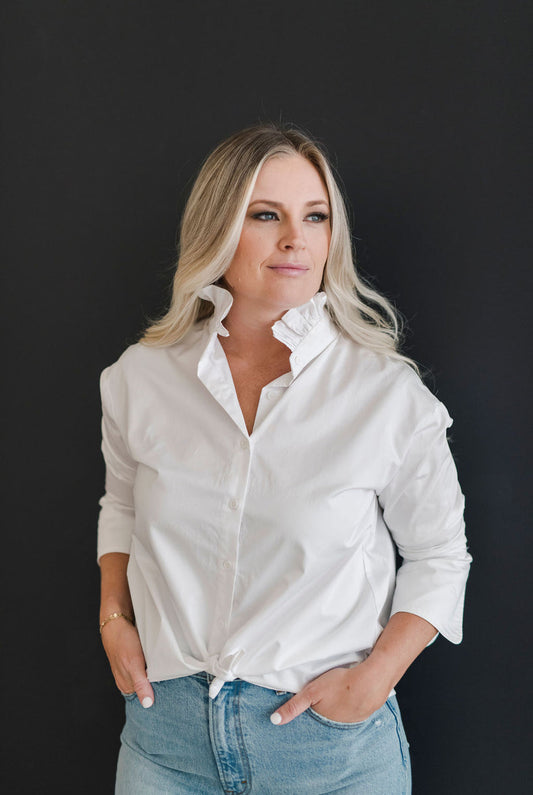 Ruffle Collar Button Down Shirt in White