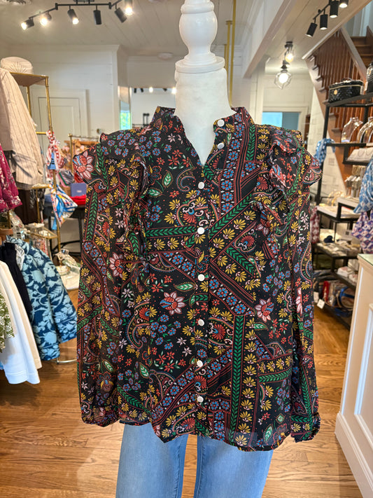 Ruffle Detail Stand Collar Blouse in Black Multi