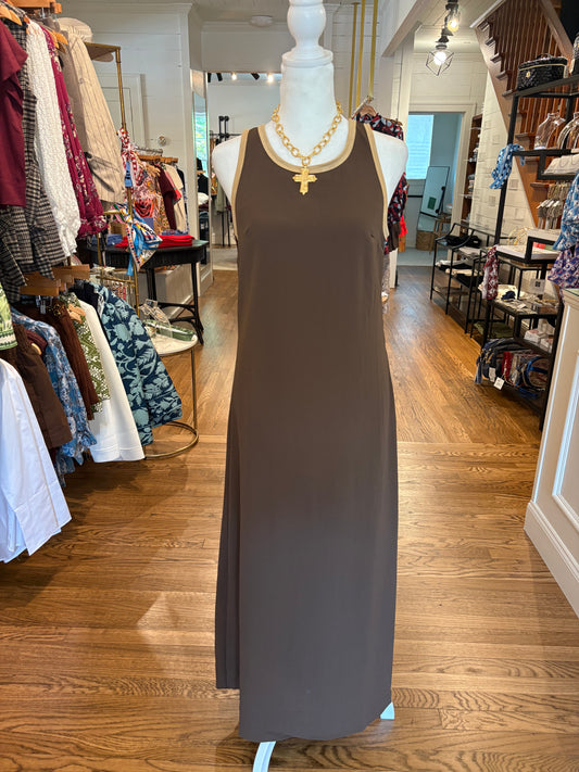 Mauve Suede Trim Chiffon Maxi Dress in Brown