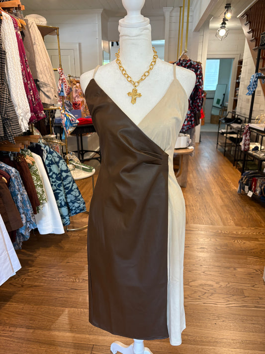 Ava Mixed Media Midi Dress in Brown/Bone