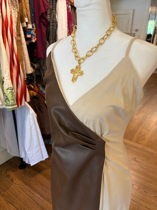 Ava Mixed Media Midi Dress in Brown/Bone