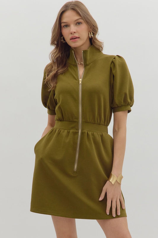 Puff Sleeve Zipper Dress in Olive
