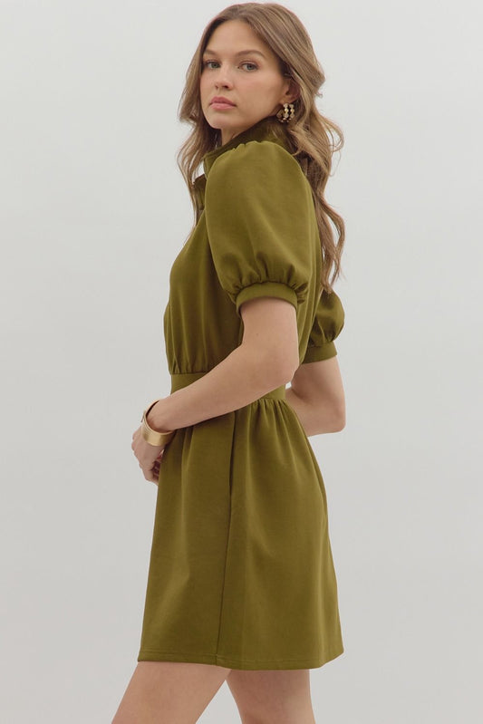 Puff Sleeve Zipper Dress in Olive