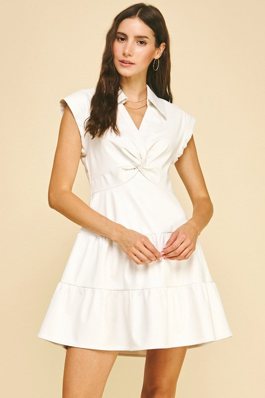 Pleather Twist Detail Tiered Mini Dress in Off White