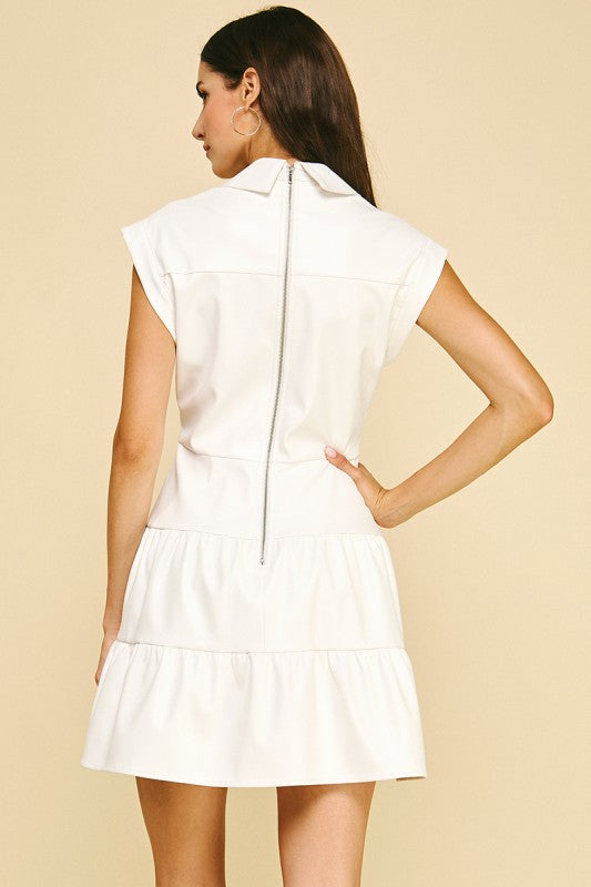 Pleather Twist Detail Tiered Mini Dress in Off White