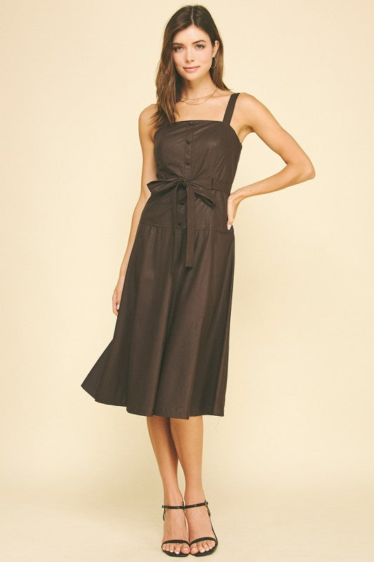 Pu Leather Button Detailed Midi Dress in Chocolate