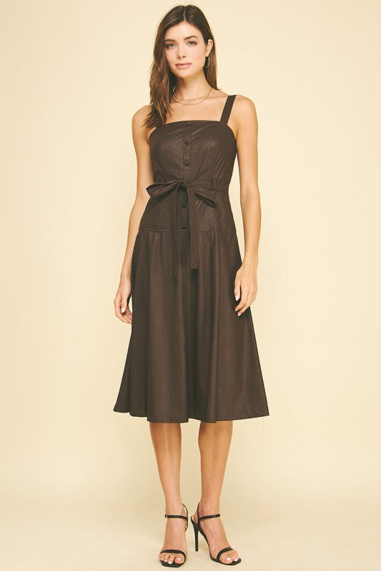 Pu Leather Button Detailed Midi Dress in Chocolate