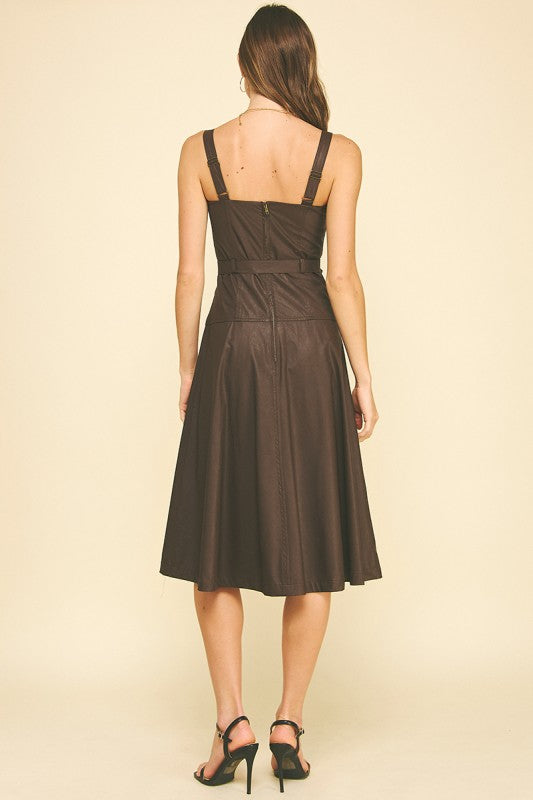 Pu Leather Button Detailed Midi Dress in Chocolate