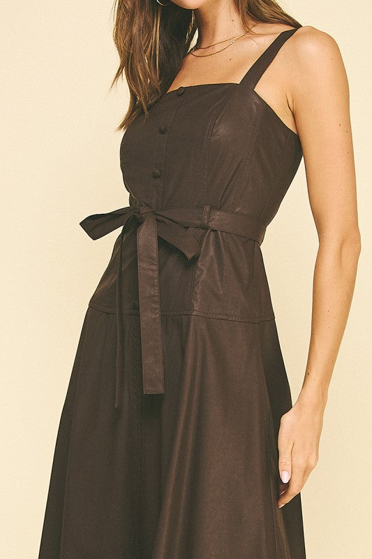 Pu Leather Button Detailed Midi Dress in Chocolate