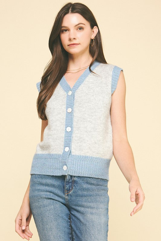 Colorblock Button Down Sweater Vest in Grey/Blue