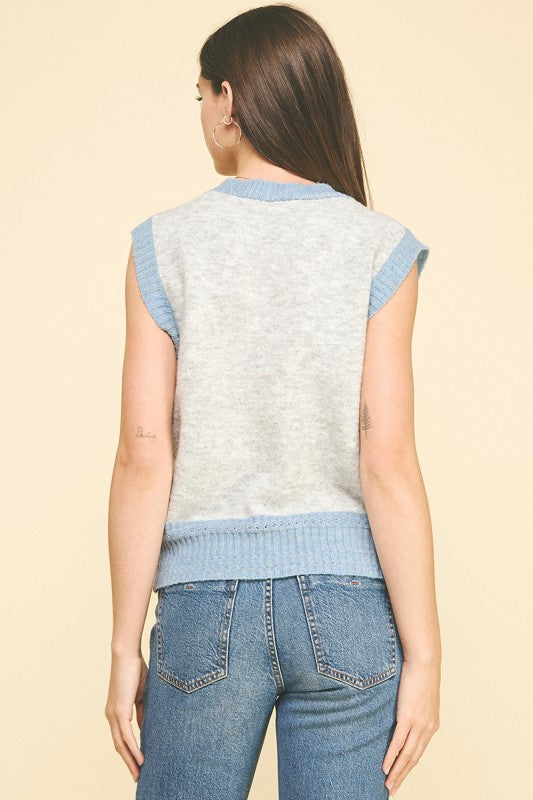 Colorblock Button Down Sweater Vest in Grey/Blue