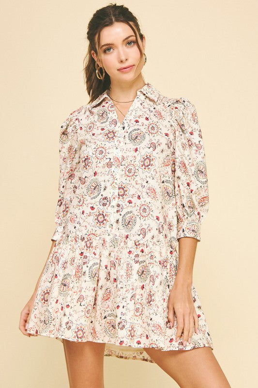 Print Button Down Mini Dress in Cream Multi