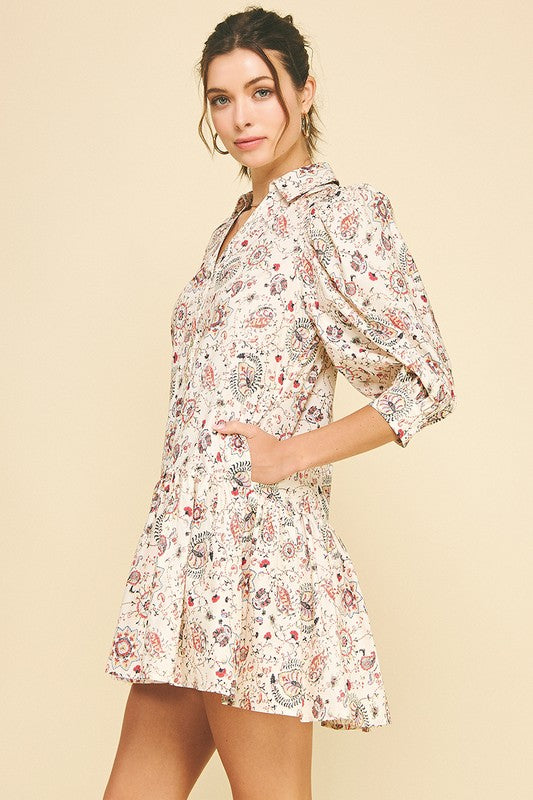 Print Button Down Mini Dress in Cream Multi