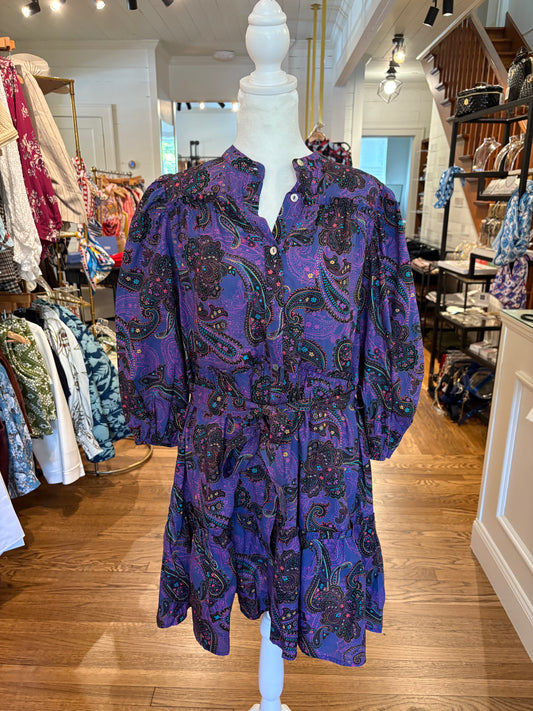 Paisley Print Tiered Mini Dress in Purple Multi
