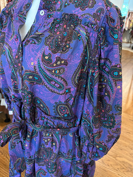 Paisley Print Tiered Mini Dress in Purple Multi