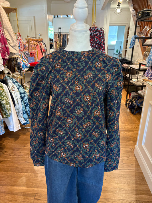 Jacquard Fabric Puff Sleeve Top in Navy Multi
