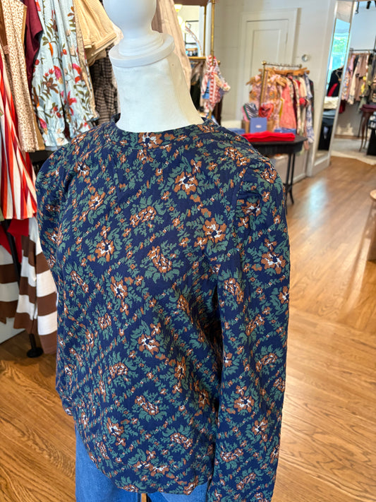 Jacquard Fabric Puff Sleeve Top in Navy Multi