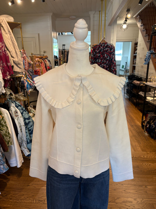 Ruffle Collar Knit Jacket in Off White