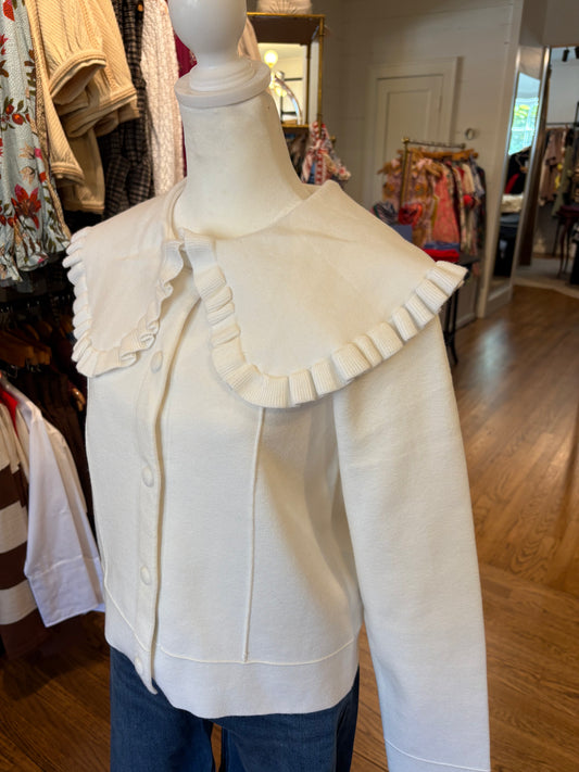 Ruffle Collar Knit Jacket in Off White