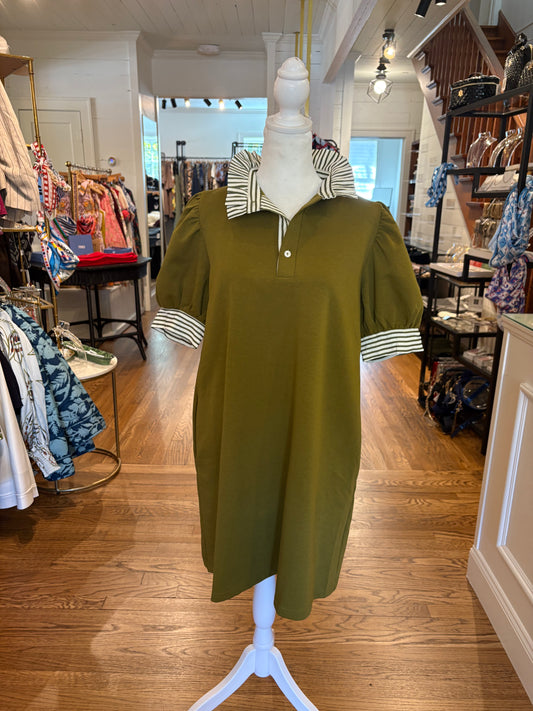 Stripe Trim Ruffle Collar Dress in Olive