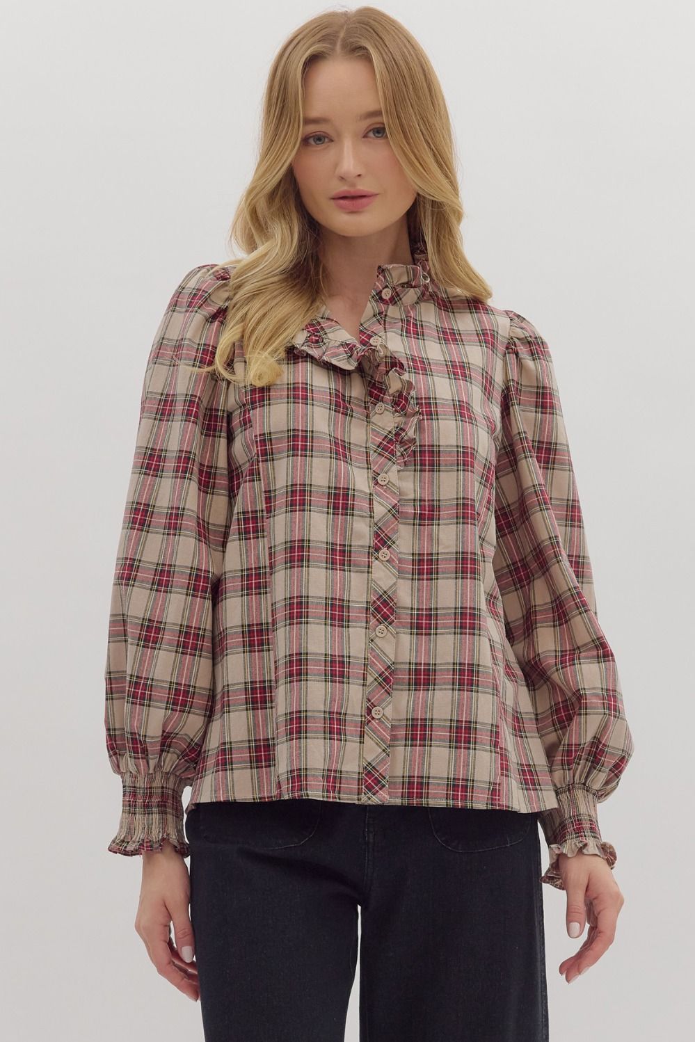 Plaid Long Sleeve Ruffle Blouse in Taupe