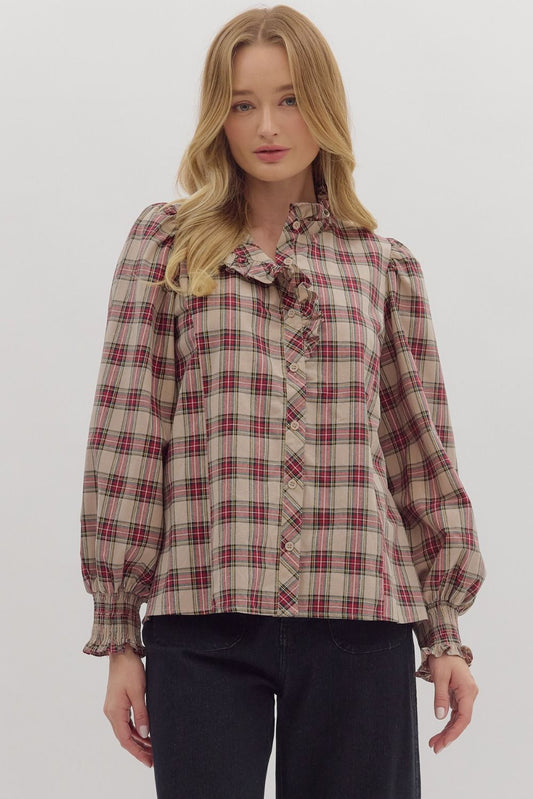 Plaid Long Sleeve Ruffle Blouse in Taupe