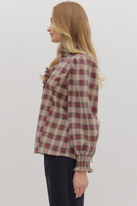 Plaid Long Sleeve Ruffle Blouse in Taupe