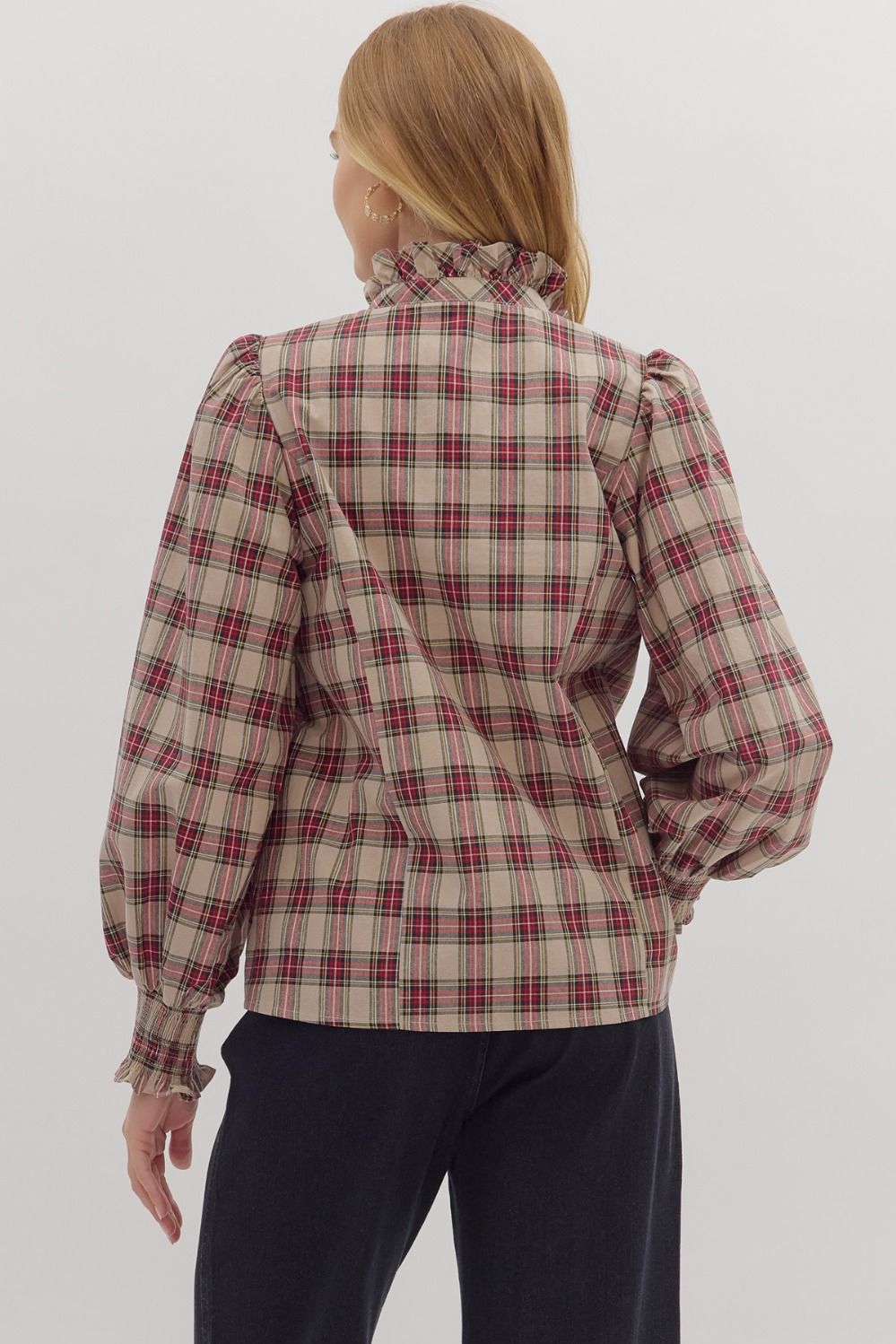 Plaid Long Sleeve Ruffle Blouse in Taupe