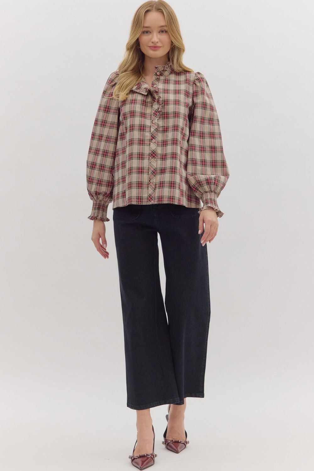 Plaid Long Sleeve Ruffle Blouse in Taupe