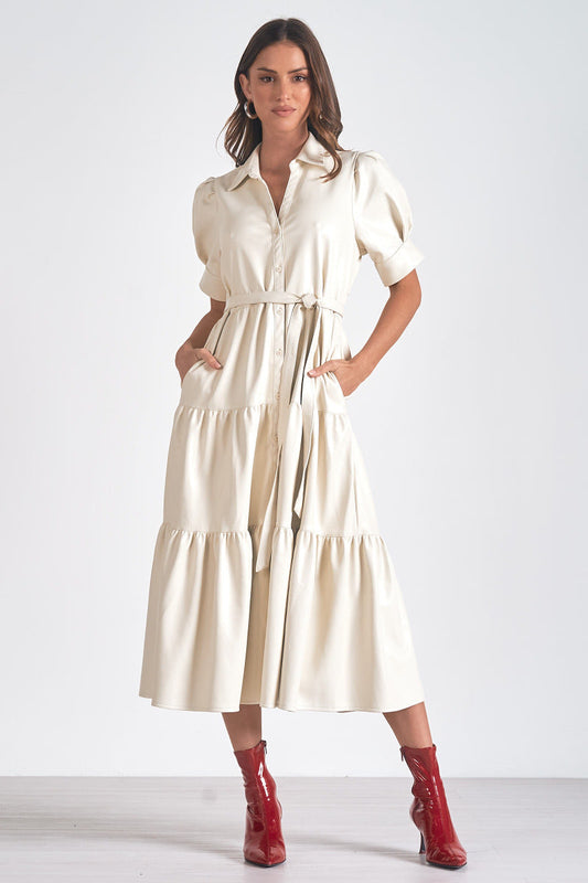 Cream Ruffle Pleather Dress